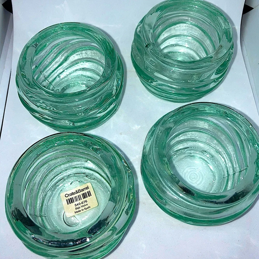 4 Crate & Barrel Baja votive candle holders Wavy design thick Recycled glass